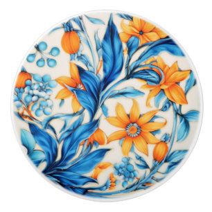 Floral Pattern- Orange and Blue Ceramic Knob