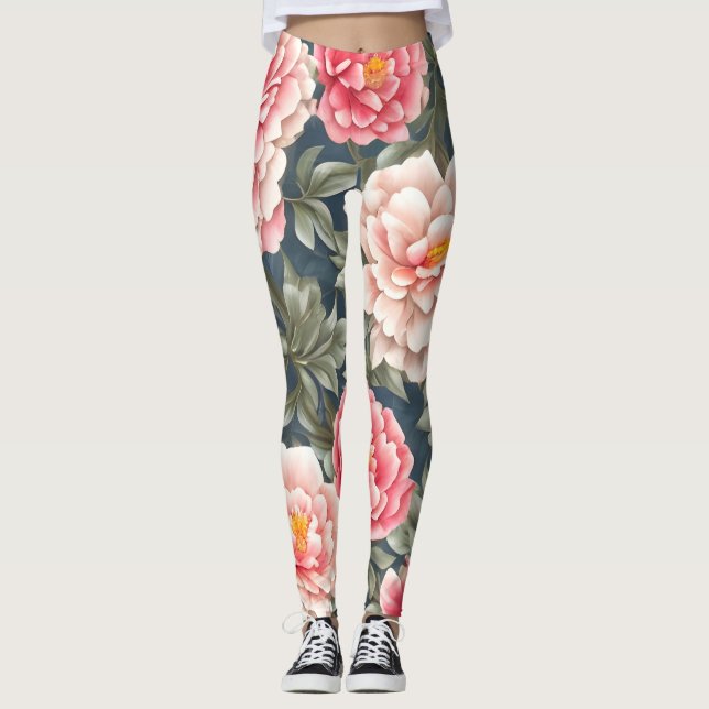 Floral Pattern Peony Flowers Leggings (Front)
