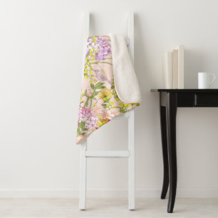 Floral Pattern Peony Mimosa Hydrangea Roses Birds  Sherpa Blanket