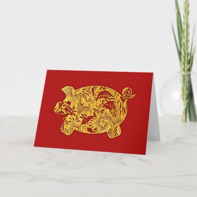 Floral Pattern Pig Red/Gold (Faux Effect) Holiday Card (Front)