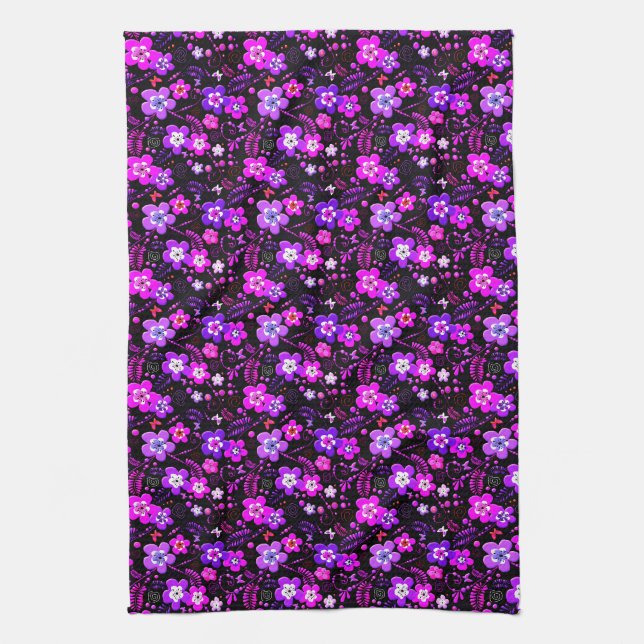 Floral pattern pink and purple tea towel (Vertical)