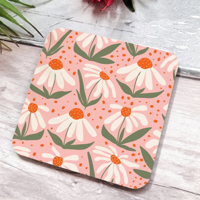 Floral Pattern Pink Daisy Design Square Paper Coaster (Creator Uploaded)
