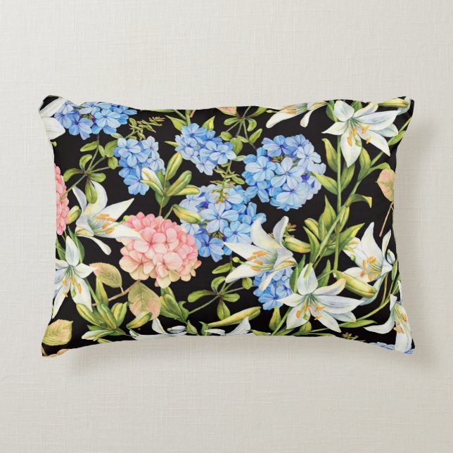 Floral Pattern Pink Hydrangea Blue Jasmine Foliage Decorative Cushion (Front)