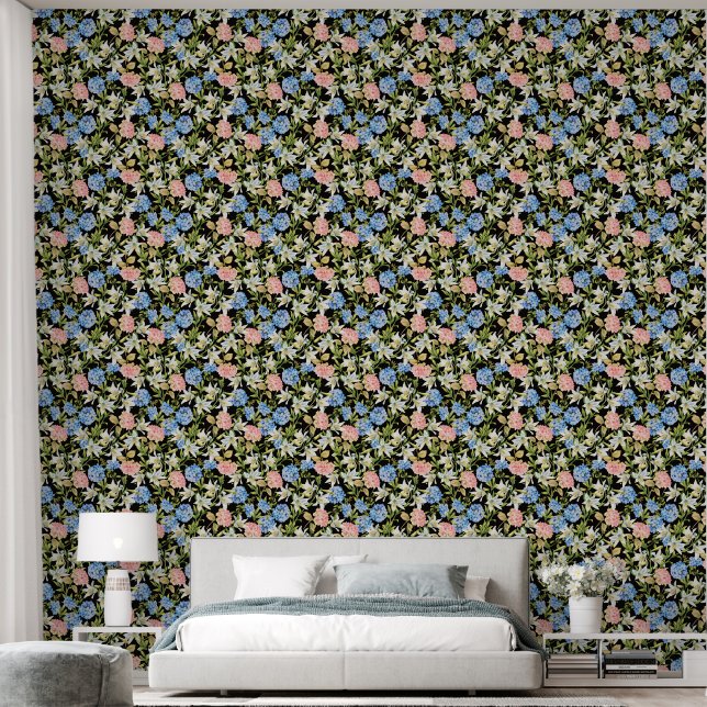 Floral Pattern Pink Hydrangea Blue Jasmine Foliage Wallpaper (Bedroom)