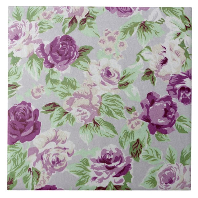 Floral Pattern Purple Flowers Green Foliage Tile (Front)