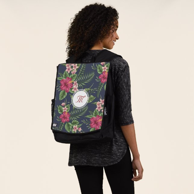 Floral pattern Red Hibiscus Monogram Backpack (Worn)