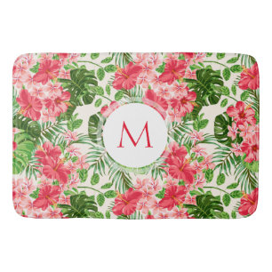 Floral Pattern Red Hibiscus Monogram Bath Mat