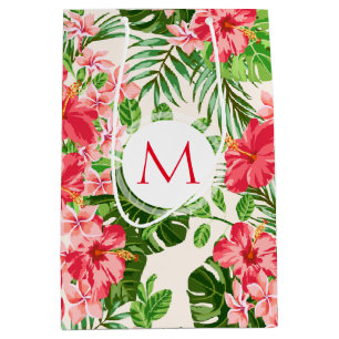 Floral Pattern Red Hibiscus Monogram M Gift Bag