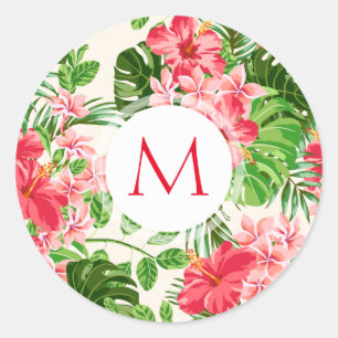 Floral Pattern Red Hibiscus Monogram Round sticker