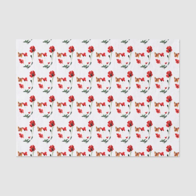 Floral Pattern Red Poppies, Butterfly Tissue Paper (Front)