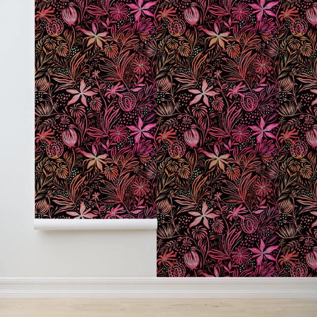 Floral Pattern Retro Black Pink Wallpaper (Application)