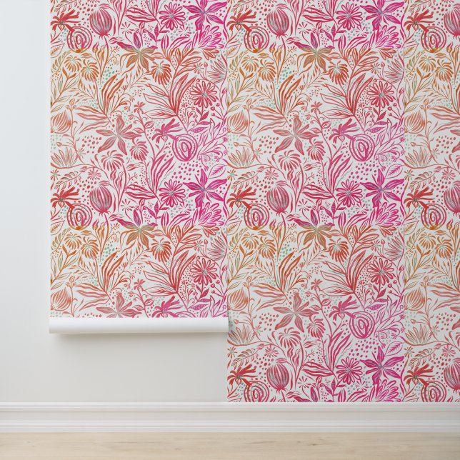 Floral Pattern Retro Orange Pink Wallpaper (Application)