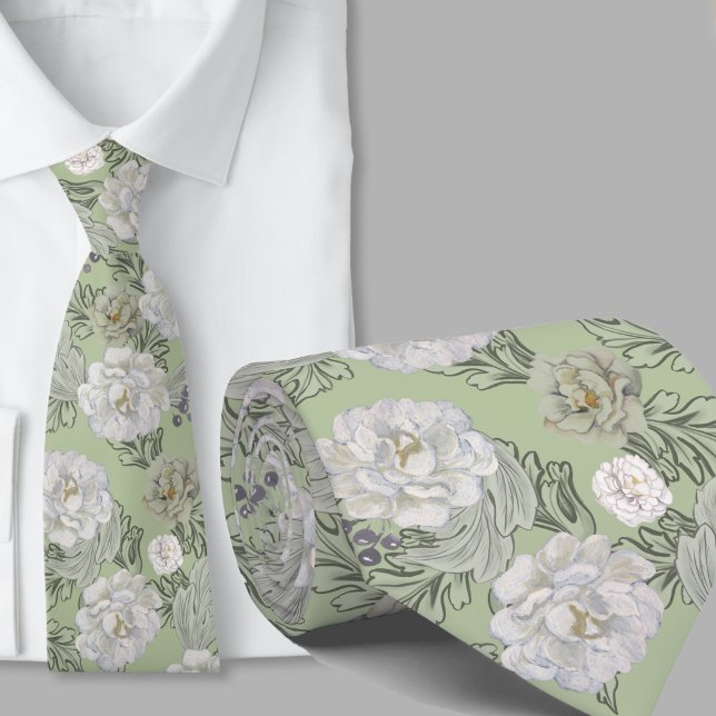 Floral Pattern Sage Green Large Flowers Necktie (Creator Uploaded)