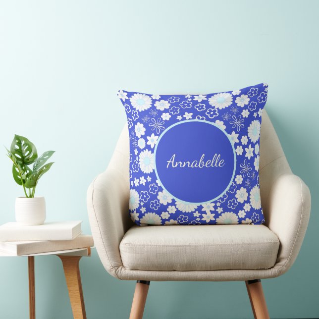 FLORAL PATTERN SMALL FLOWERS BLUE CREAM NAME CUSHION (Chair)