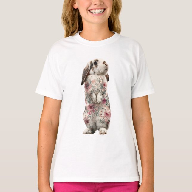 Floral Pattern Standing Rabbit Kids T-Shirt (Front)
