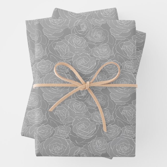 Floral Pattern | Steel Grey Roses Wrapping Paper Sheet (In situ)