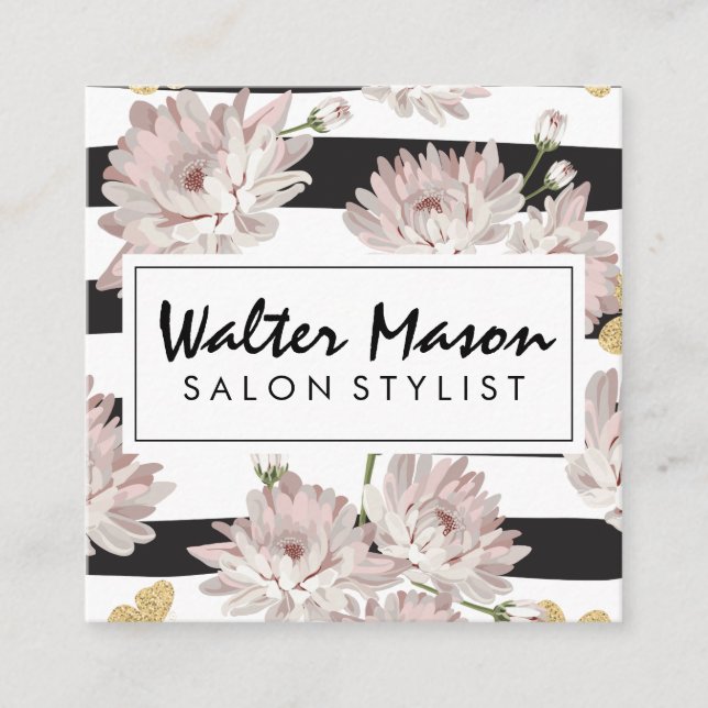 Floral pattern stripes flowers square business card (Front)