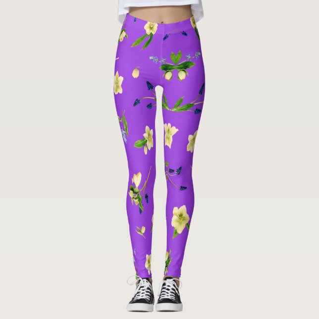 Floral pattern summer on bright purple background leggings (Front)