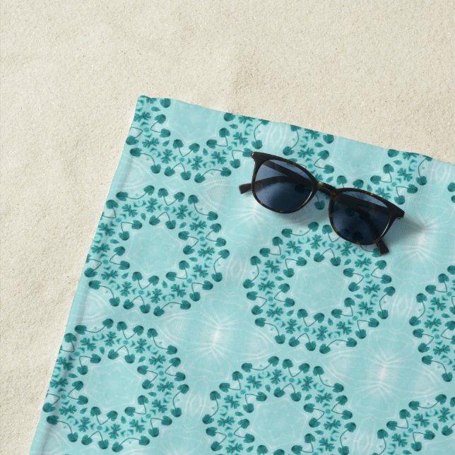 Floral Pattern, Teal Blue Beach Towel (In Situ)