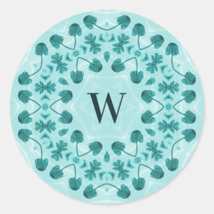 Floral Pattern, Teal Blue Initial Classic Round Sticker