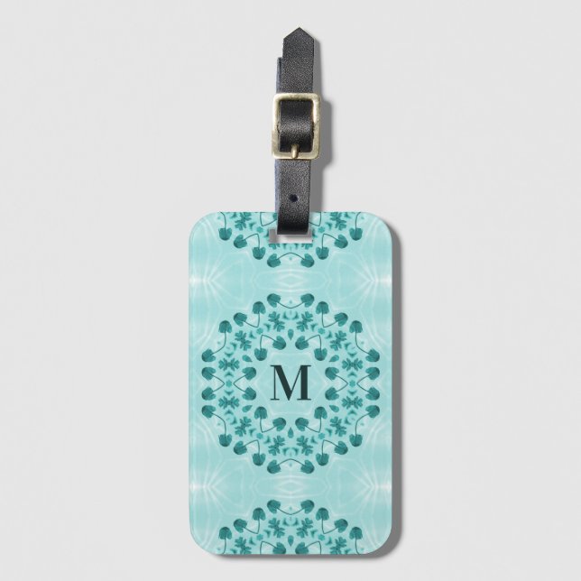 Floral Pattern, Teal Blue Initial Luggage Tag (Front Vertical)