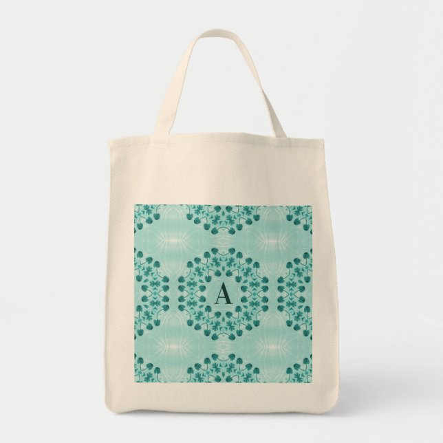 Floral Pattern, Teal Blue Initial Tote Bag (Front)