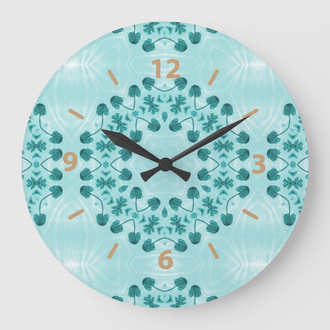 Floral Pattern, Teal Blue Large Clock (Front)