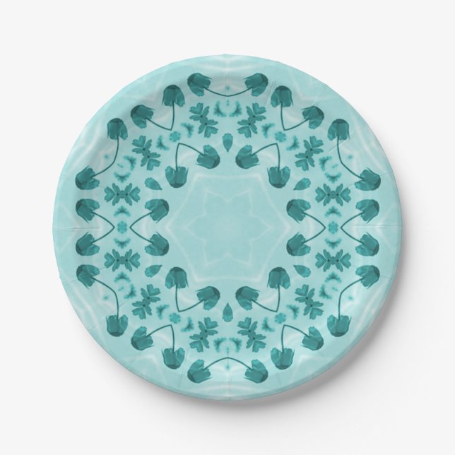 Floral Pattern, Teal Blue Paper Plate (Front)