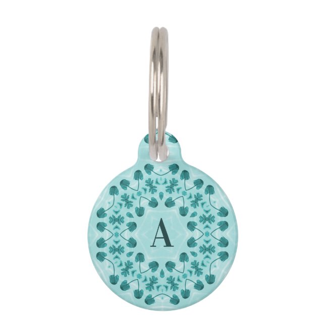 Floral Pattern, Teal Blue Pet Tag (Front)