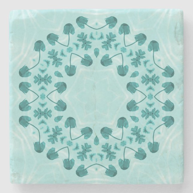 Floral Pattern, Teal Blue Stone Coaster (Front)