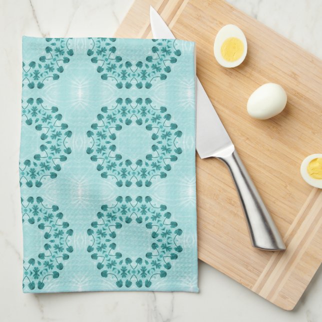 Floral Pattern, Teal Blue Tea Towel (Quarter Fold)