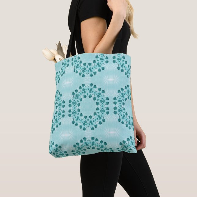 Floral Pattern, Teal Blue Tote Bag (Close Up)