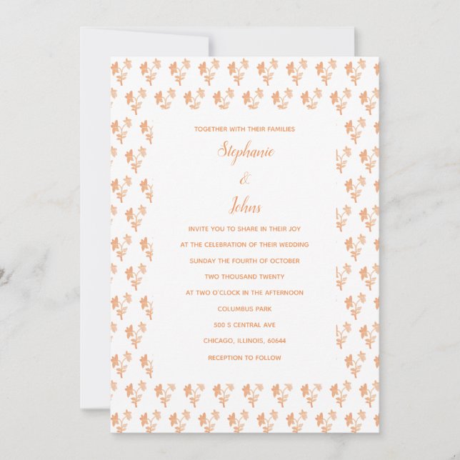 Floral Pattern Terracotta Orange Rustic Wedding Invitation (Front)