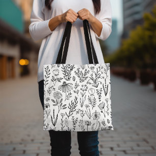 Floral Pattern Tote Bag, Black and White Tote Bag