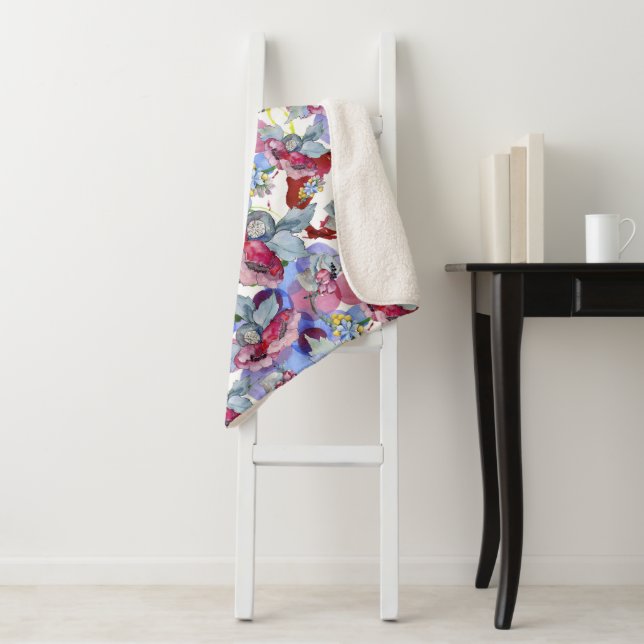 Floral Pattern Tropical Flowers Colourful Sherpa Blanket (In Situ)