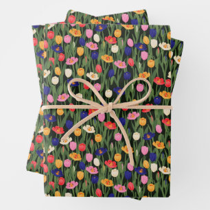Floral Pattern Tulips Green Stalks Flowers  Wrapping Paper Sheet