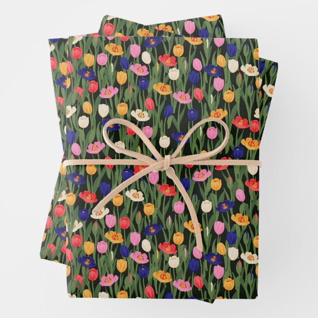Floral Pattern Tulips Green Stalks Flowers  Wrapping Paper Sheet (In situ)