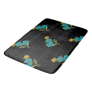 Floral Pattern Turquoise Coral Green on Black  Bath Mat