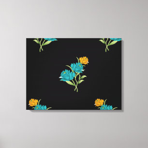 Floral Pattern Turquoise Coral Green on Black Canvas Print