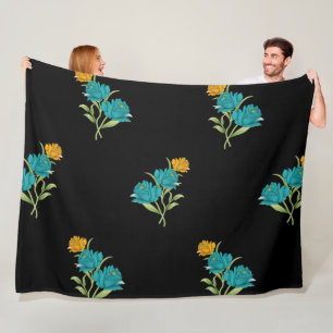 Floral Pattern Turquoise Coral Green on Black Fleece Blanket