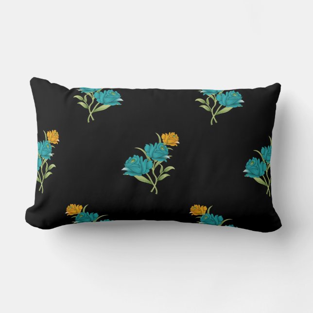 Floral Pattern Turquoise Coral Green on Black  Lumbar Cushion (Front)