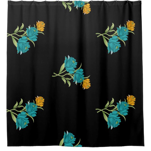 Floral Pattern Turquoise Coral Green on Black  Shower Curtain (Front)