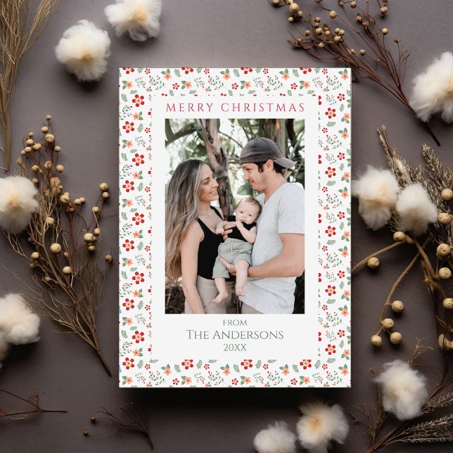 Floral Pattern Two Photo Merry Christmas Holiday Card (Creator Uploaded)
