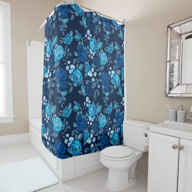 Floral pattern Vintage blue roses Shower Curtain (In Situ)