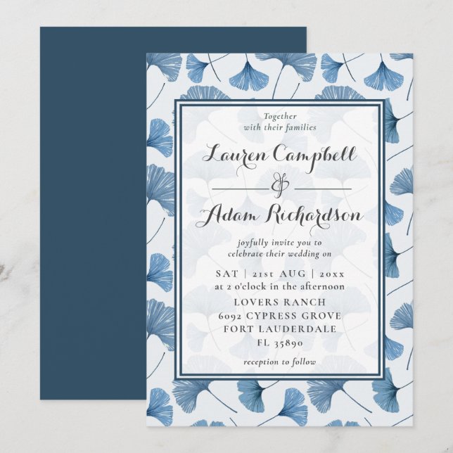 Floral Pattern Watercolor Blue & White Wedding Invitation (Front/Back)