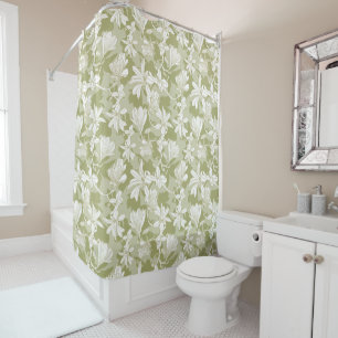 Floral Pattern White Flowers on Green Background Shower Curtain