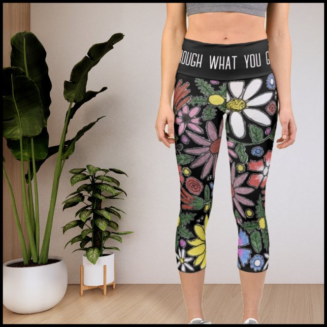 Floral Pattern White Modern Inspirational Quote Capri Leggings (Creator Uploaded)