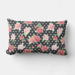 Floral Pattern White Polka Dot on Black Background Lumbar Cushion