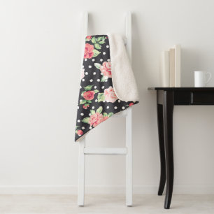 Floral Pattern White Polka Dot on Black Background Sherpa Blanket