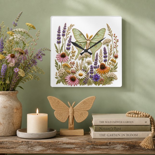 Floral Pattern Wildflower Botanical Luna Moth  Square Wall Clock (Creator Uploaded)